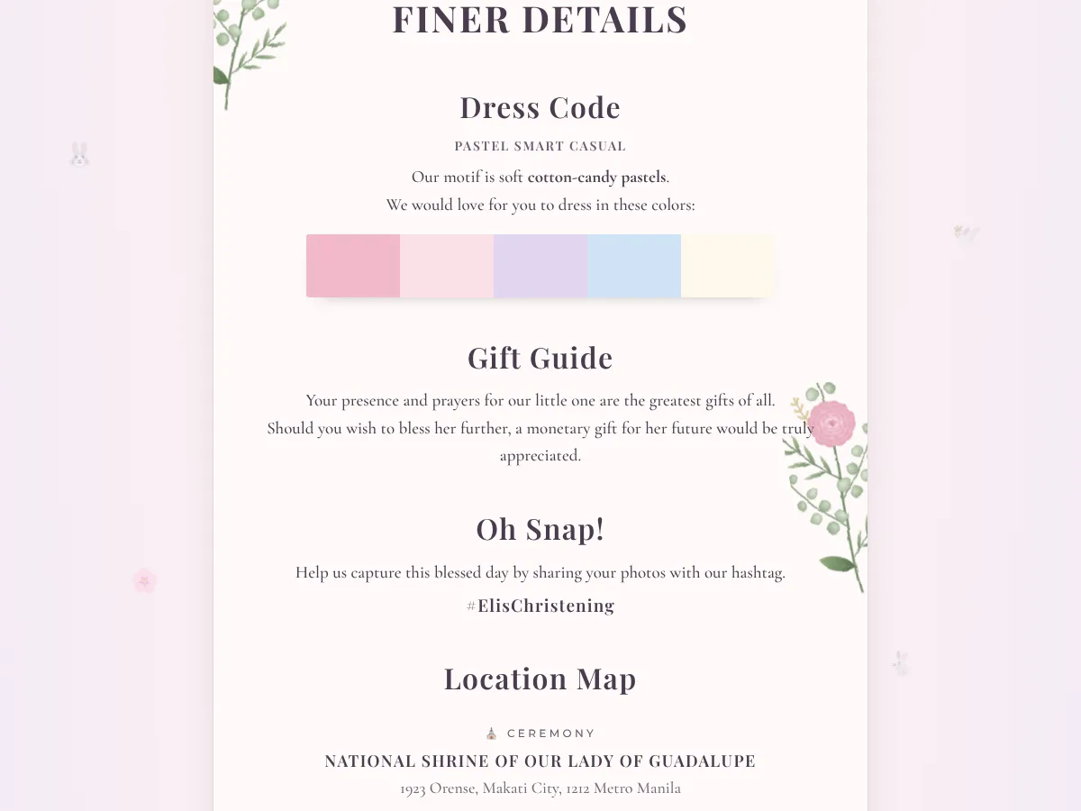 Pastel dress code palette, gift guide, hashtag and church map