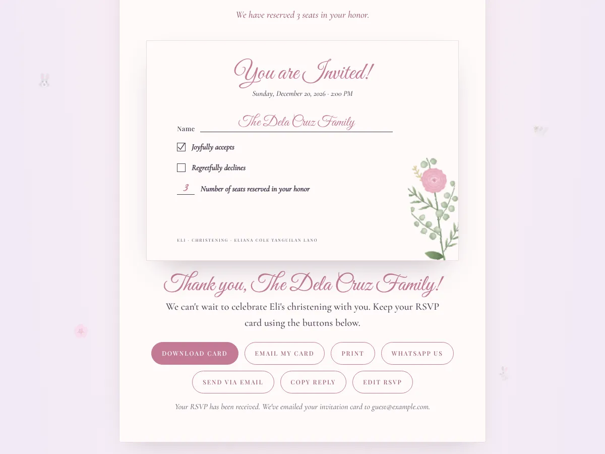 Online RSVP that creates and emails a personal invitation card