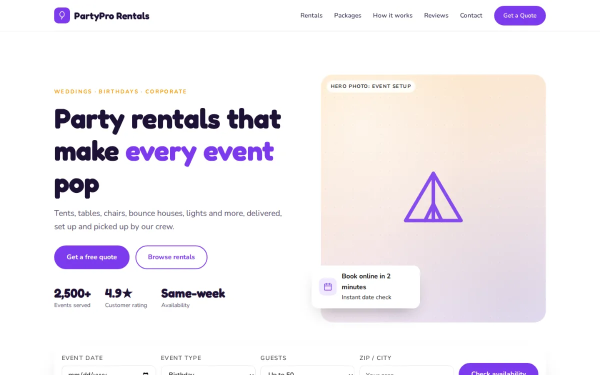 Event and party rental website template
