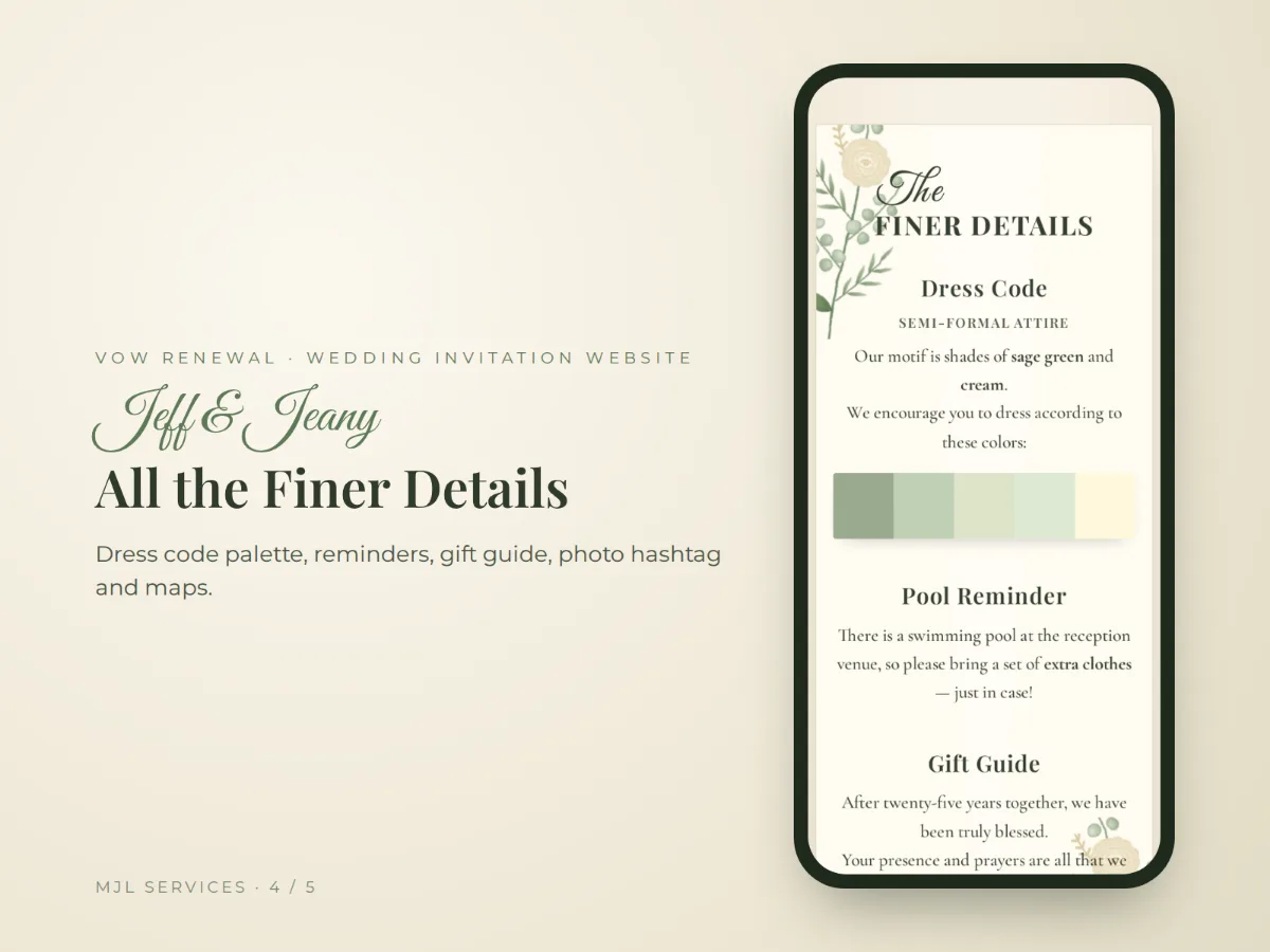 Dress code palette, reminders, gift guide and maps